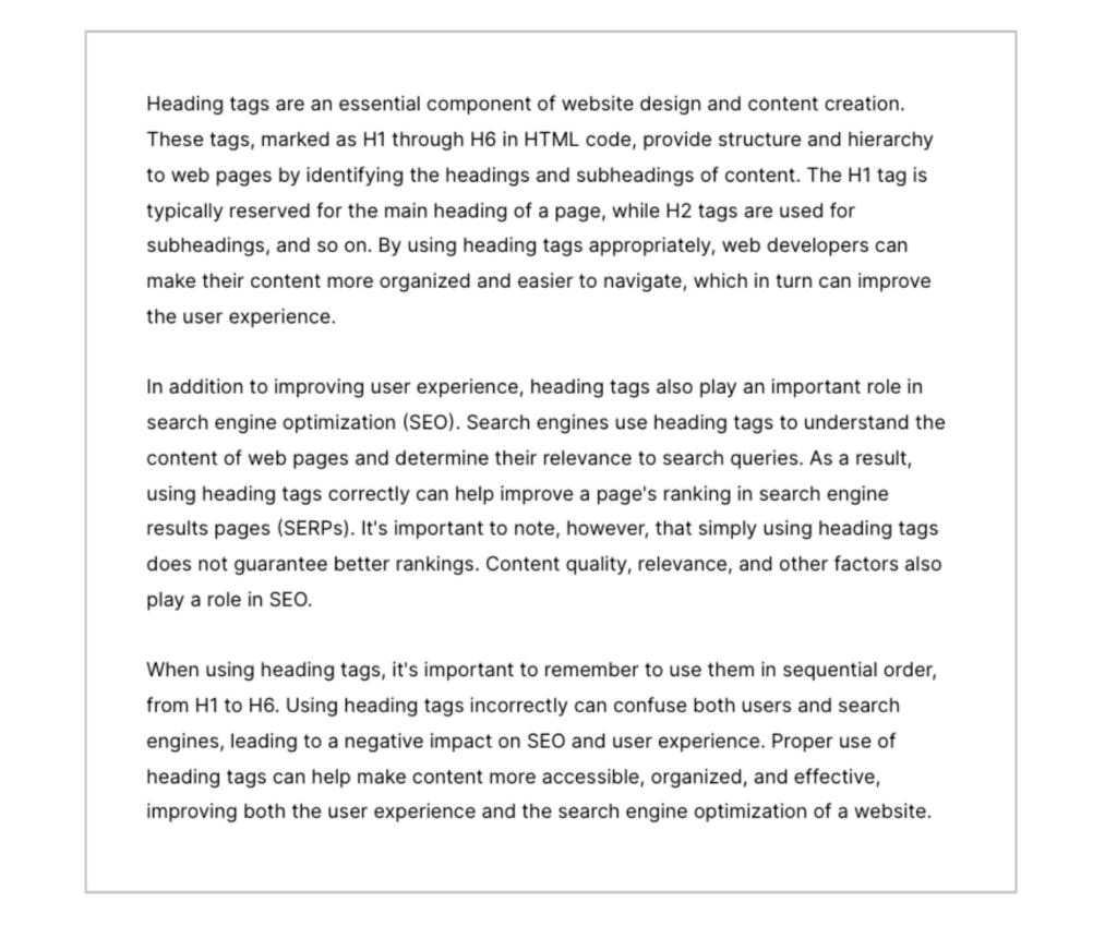 three dense paragraphs describing heading tags.